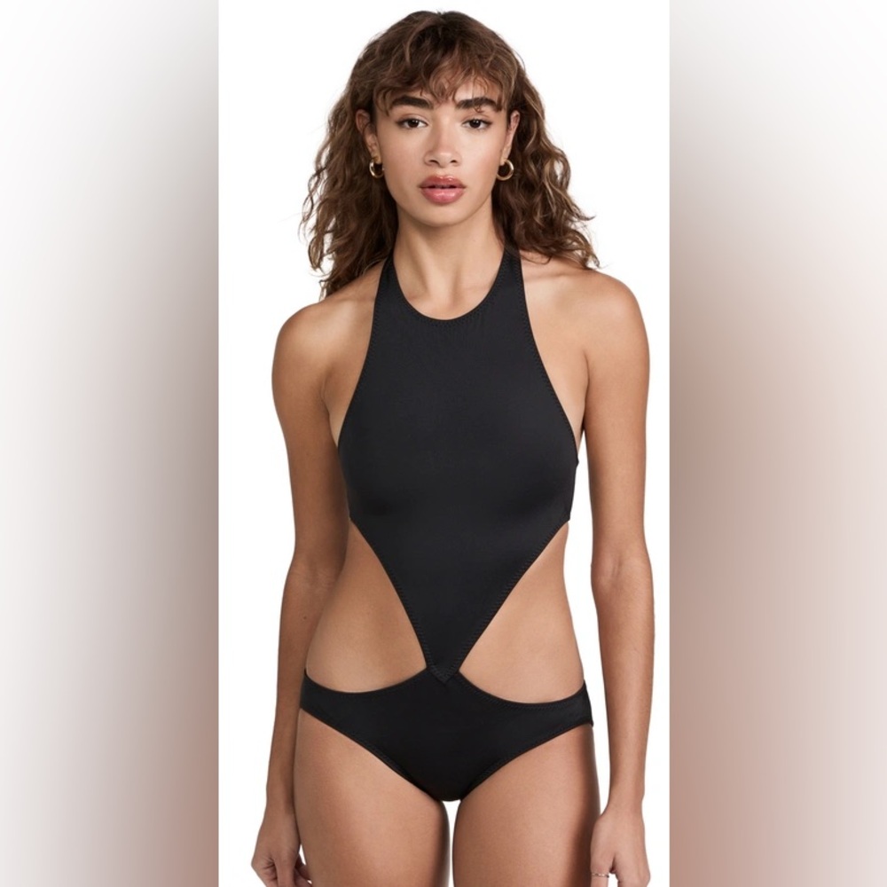 Norma Kamali Low rise leather cut out black one piece swimsuit large nwot